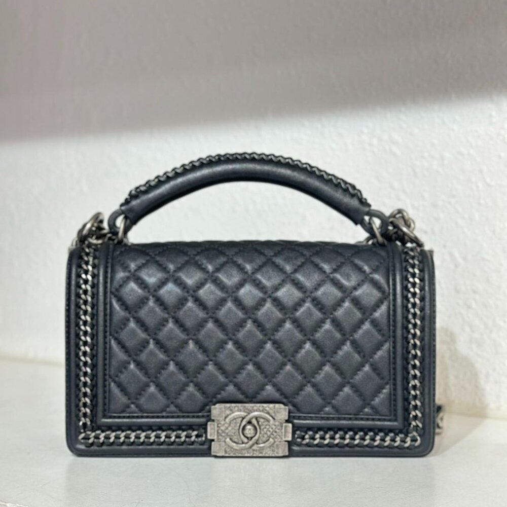 Chanel Black Leather Medium Boy Bag Shoulder Bag With Top Handle Bag
